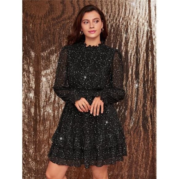 Sparkly High Neck Ruffle Hem Dress- Black - Picture 3 of 6
